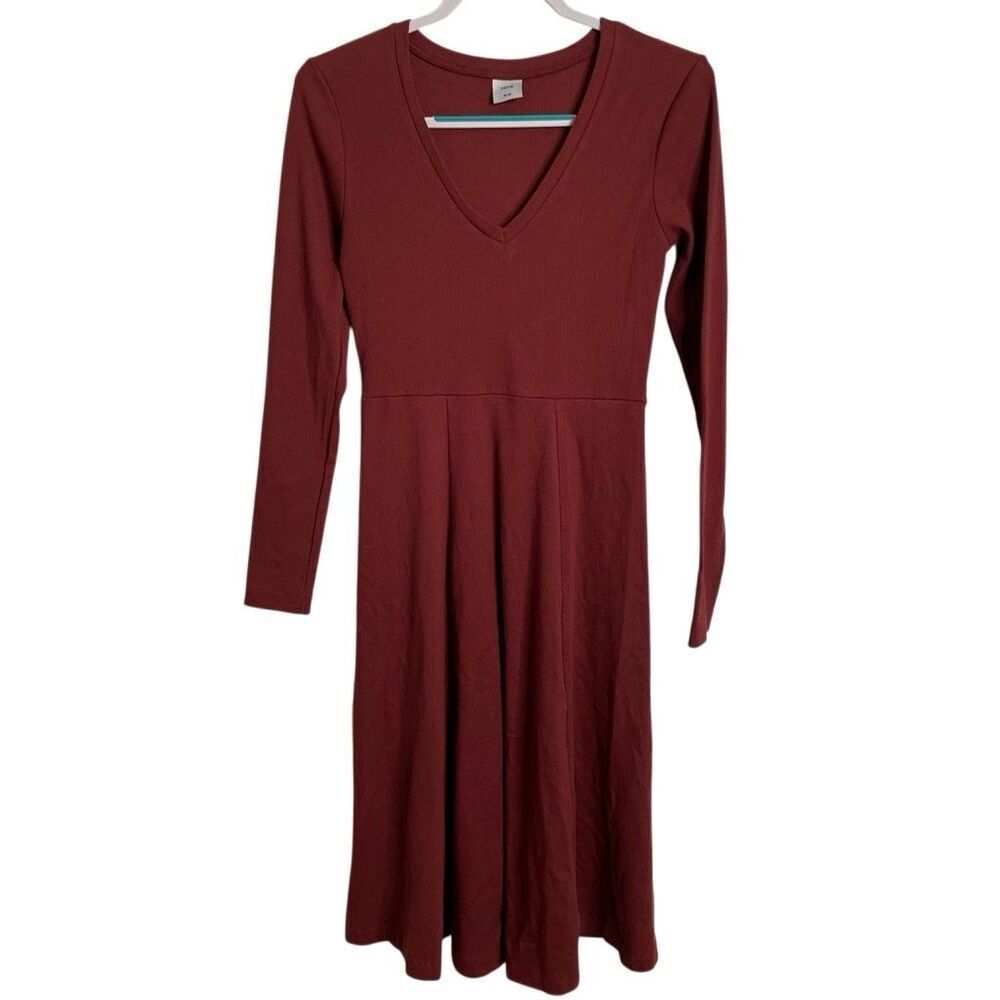 KOTN Womens Deep V Ribbed Midi Dress M Maroon Granola Girl Western Indie Lagom